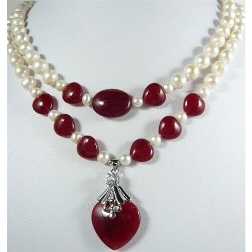 Trendy mixed white pearl red Natural Stone necklace +heart pendant