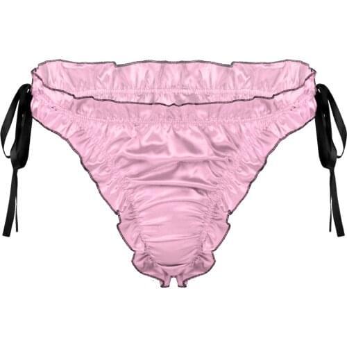 Mens Sissy Gay Bikini Briefs Lace-up Trim Ruffles Pleated Underwear Panties Low Rise Elastic Waistband Satin Lingerie Underwear