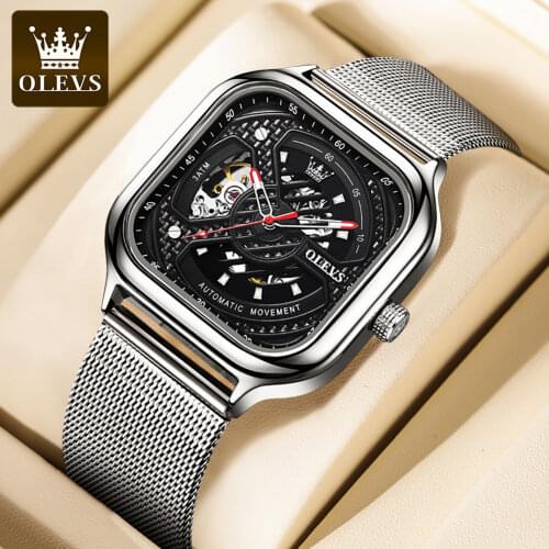 OLEVS 2021 Watch Mens Automatic Hollow Mechanical Watch Steampunk Sapphire Glass Square Leather Transparent Sports Watch 6634
