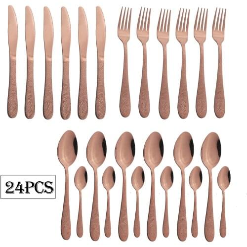 Rose Dinnerware Set 24Pcs Tableware Set Stainless Steel Dinner Set Knife Fork Spoon Flatware Rainbow Black Cutlery Set Kitchen