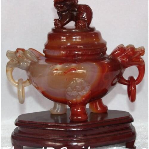 Natural Red Agate Onyx Dragon Lion Foo Fu Dog Incense Burner Censer Thurible