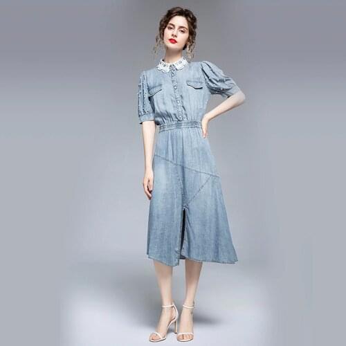 2021 New Womens Summer Denim Dress Office Lady Vintage Beading Dress Short Sleeve Lace Turn Down Collar Elegant Party Dresses
