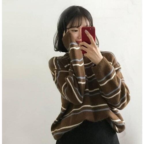 Autumn Striped Women Ulzzang Vintage Loose Sweater Female Korean Thin Oversized Harajuku Clothing Casual High Street Sweater