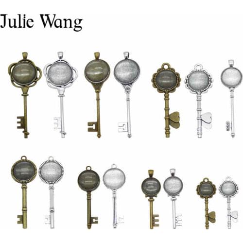 Julie Wang 6 Sets Randomly Mix Assorted Key Shape Setting Tray Blank Pendant With Glass Cover Cabochon Charms Jewelry Making