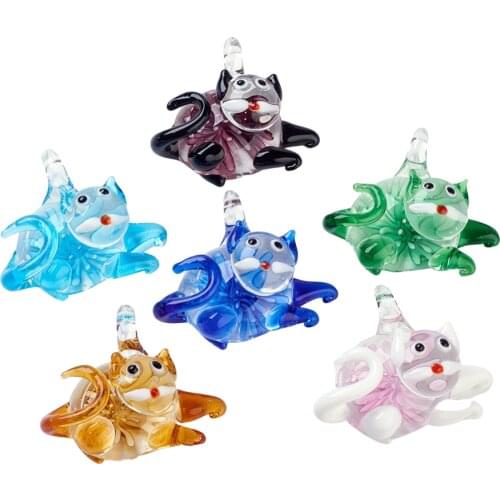 Handmade Lampwork Pendants, Cat, Inner Flower, Mixed Color, 38x46x17mm, Hole: 4mm; 12pcs/box