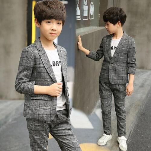Boys Casual Suits 2 Pcs 2020 Spring & Fall Childrens Spring Fall Clothing Set Male Kids Leisure Plaid Jacket + Pants 2 Pcs X75