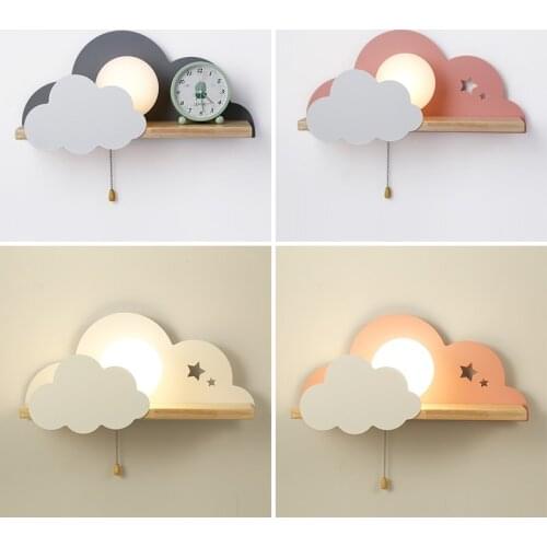 Nordic bedside wall lamp bedroom wood art creative cloud wall light with pull switch simple reading wall decoration