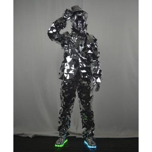 Silver mirrors suit Mirror man costume creative stage performance props mechanical dance clothes