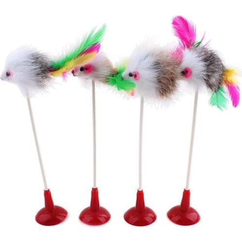 Funny Cat Toys Elastic Feather False Mouse Spring Sucker Toys for Cat Playing Pet Toy Training