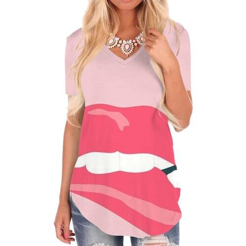 Giyu Brand Lips T Shirt Women Pink Shirt Print Sexy T-shirts 3d Romantic V-neck Tshirt Womens Clothing Punk Rock Loose Plus Size