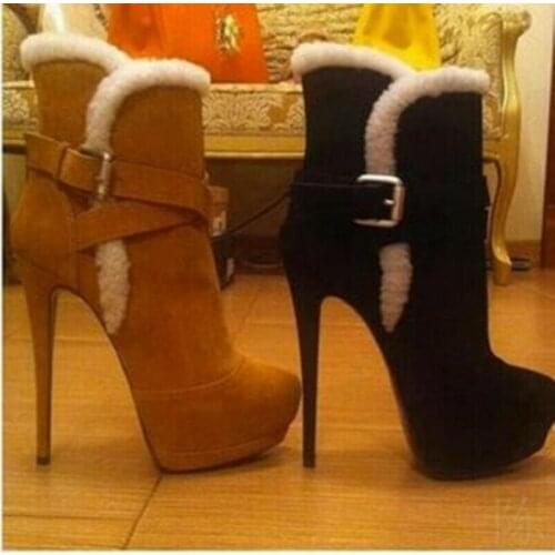 OLOMLB Super High Heel Round Toe Fur Trim Buckle Strap Women Ankle Boots Warm Winter Shoes Snow Platform New Plus Size