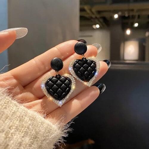 2021 New Black Double Love Heart Drop Earrings For Women Fashion Crystal Alloy Earring Sets Cute Korean Sweet Jewelry Gift
