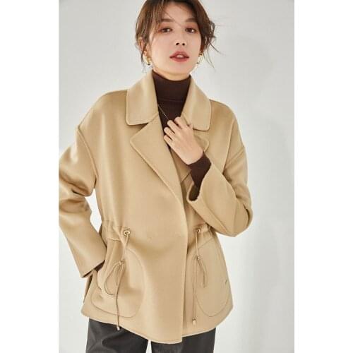 Woman Short Coat Winter Wool Coat Drawstring Waist Casual Warm Jacket 2021 Khaki Fashion Drop Shoulder Double-Sided Woolen Coat