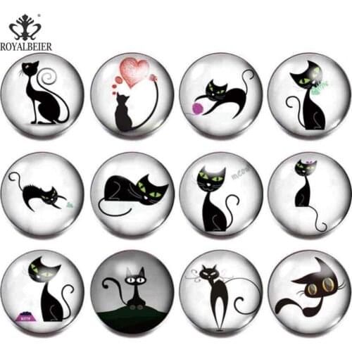 12pcs/lot 18mm Snap Buttons Accessories Cartoon Black Cats Styles Decorative Glass Jewelry Fit Bracelet and Necklace KZ0179
