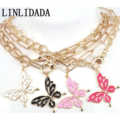 3Pcs Women Fashion CZ Micro Pave Enamel Butterfly Statement Necklaces Pendants Gold Color Link Chain Chunky Jewelry