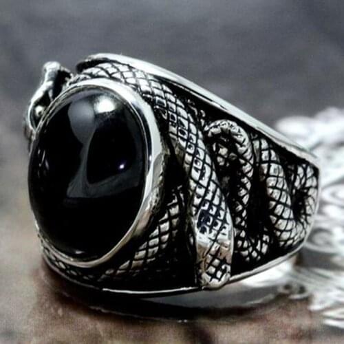 Bohemia Black Crystal Stone Snake Pattern Rings for Women Men Vintage Silver Color 3D Snake Statement Ring Hip Hop Jewelry Gift