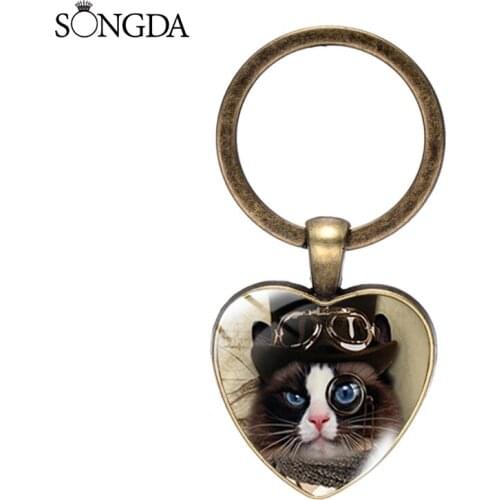 Cute Cartoon Pet Kitten Big Eyes Black Cat Face Keychain Handmade Animal Pattern Glass Heart Pendant Keyring for Wedding Jewelry