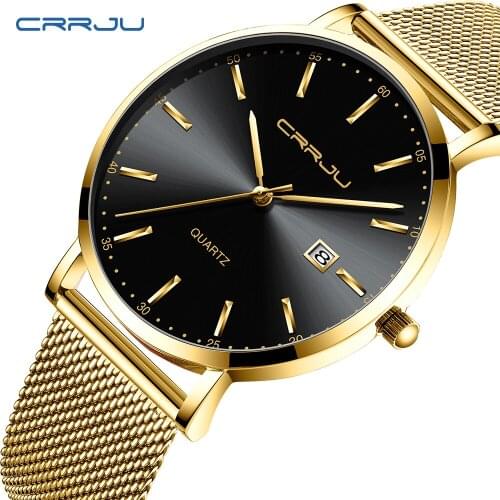 CRRJU Luxury Golden Stainless Steel Mesh Men Quarzt Watch Simple Stylish Sport Waterproof Date Wristwatch Gifts for Men