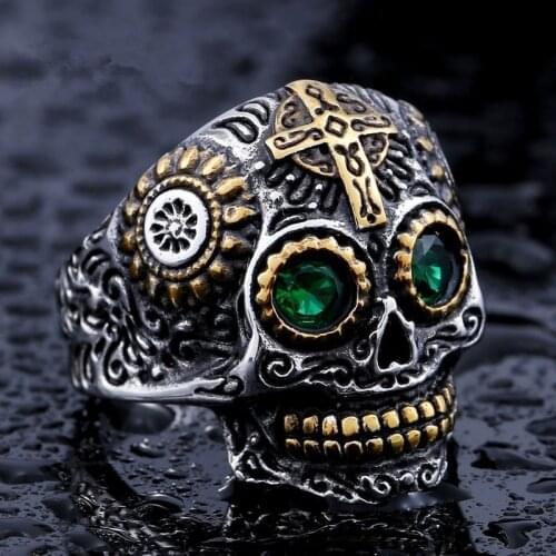 Hiphop Fashion Stainless Steel Gothic Gold Carving Kapala Skull Mask Ring Biker Hiphop Rock Jewelry Unique Fashion Gift for Men