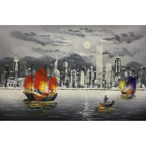 Hand Painted Oil Canvas Painting White and Black Hong Kongs Victoria harbour view Painting Wall Art Pictures for Living Room