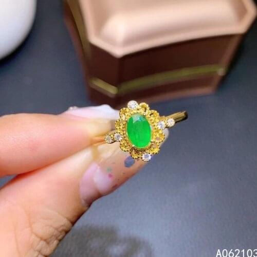 KJJEAXCMY fine jewelry 925 sterling silver inlaid natural emerald Womens personality fresh flower adjustable gem ring support d
