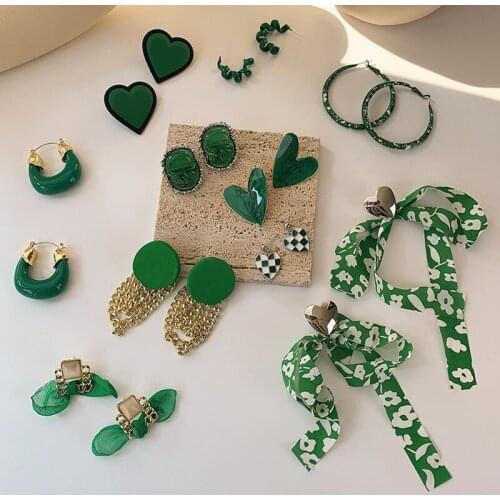 Korean Retro Dark Green Earrings Korean Version Of Elegant And Sweet Paint Flower Geometric Love Bow Ear Jewelry Female