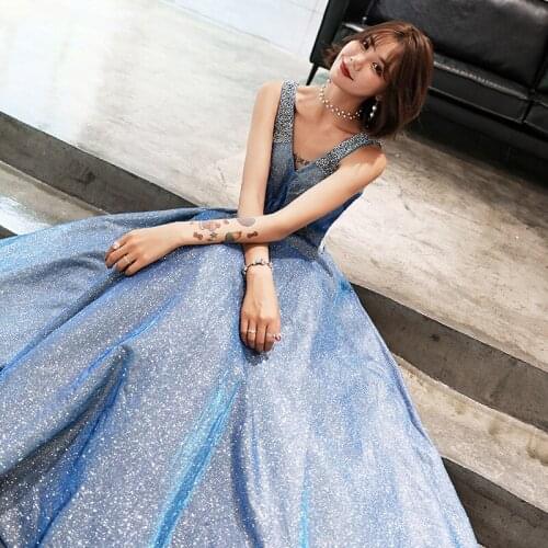Fashion Shining Sky Blue V-Neck LIttle Train Evening Party Gown Sleeveless Lace Up Elegant Formal Dresses