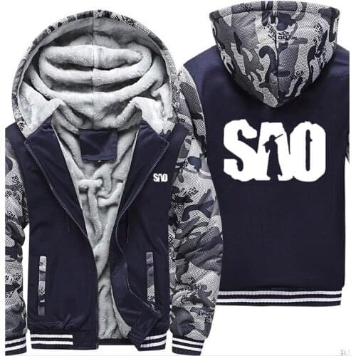 SAO Sword Art Online Camouflage Hoodies Mens Winter High Quality Warm Thicken Fleece Zipper Sweatshirt Coat plus size Jackets