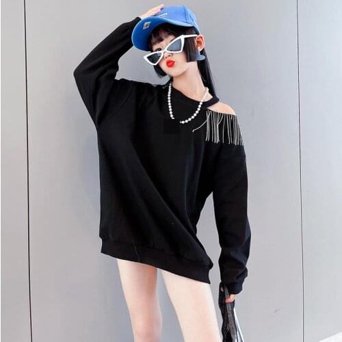 New Autumn Childrens Long Loose Sweater Girl Off-shoulder Top Cotton Long-sleeved Tassel T-shirt Youth Fashion Trendy Clothing