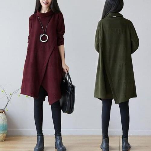 2021 Autumn & Winter New Arrival Plus Size Loose Padded High Neck Dress Women Simple Casual All-match Long Dress Free Shipping