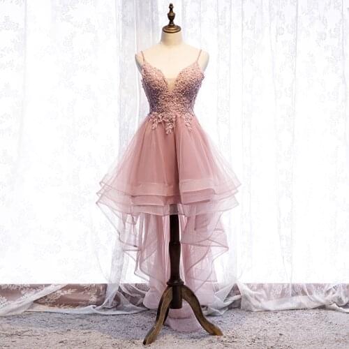 Prom Dress Hi Lo Blush Party Dresses Sexy Spaghetti Backless Ankle Length