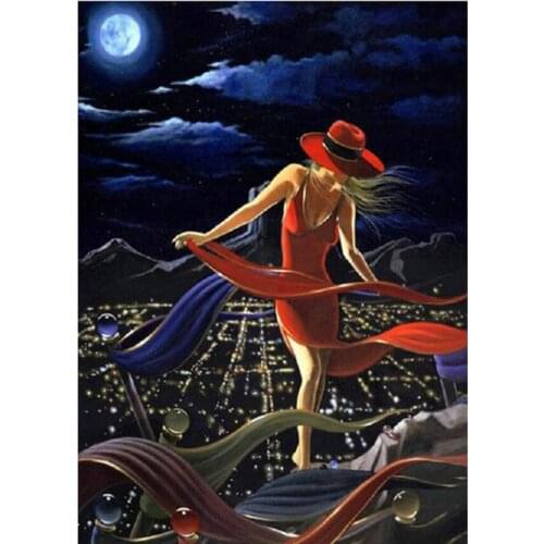 Full Drill Square Round 5D DIY Diamond Painting city moon red girl Diamond Embroidery mosaic Picture Of Rhinestone Decor Home