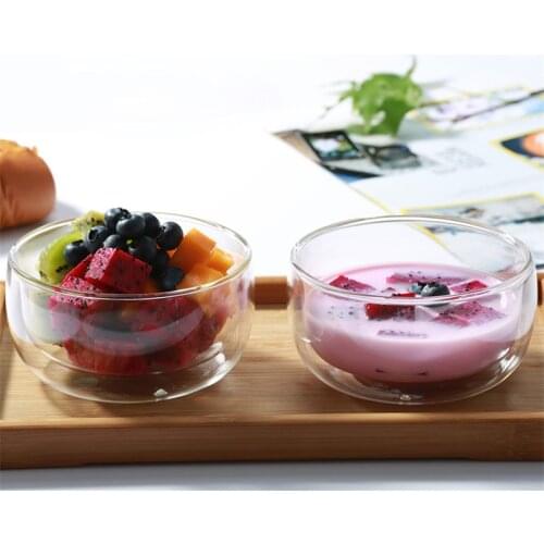Simple Double Layer Transparent Glass Dessert Oatmeal Bowl Ice Cream Milk Breakfast Salad Bowl Kitchen Heat Resistant Dinnerware