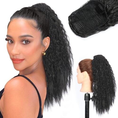 Hairpiece Hair Afro Puff Water Wave Drawstring Ponytail Hair Extension with Clips in False Pigtail for Black Women