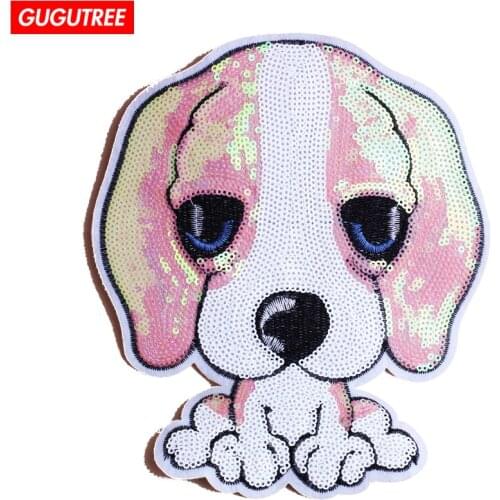 GUGUTREE embroidery paillette big dogs patches animal patches badges patches for jackets