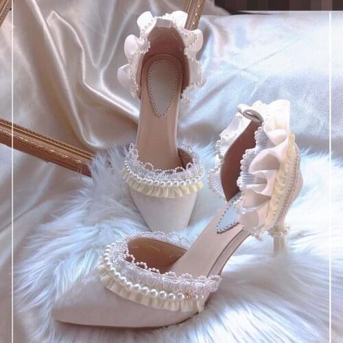 Lady 2021 Summer Womens Shoes Lace Thin Heels High Heel Shallow Mouth Single Shoe Ankle Strap Pearl Pumps Party Sandalias Mujer