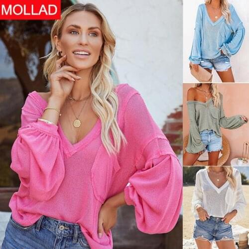 2021 European and American New Loose Pockets V-neck Lantern Sleeve Long-Sleeved Sweater Top for Women