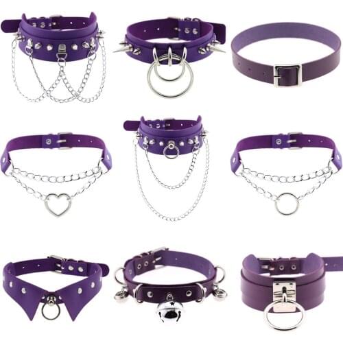 2021 Punk purple PU Leather cuban link chain Round Spike Rivet Collar goth Choker Necklace for women Body Party gothic Jewelry