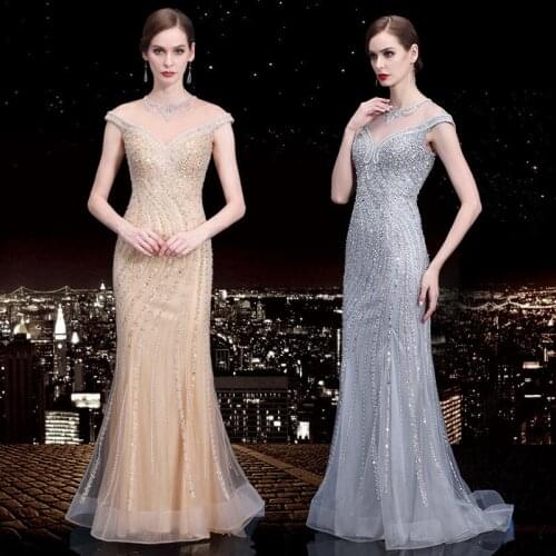 2020 Prom Dresses Mermaid Dress Beading Crystal Pattern Sequined Cap Sleeve Illusion O-Neck Mermaid Robe De Dress Elegant