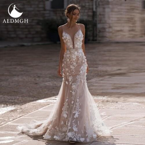 Aedmgh Mermaid Wedding Dresses 2021 Sweetheart Spaghetti Sraps Sleeveless Vestido De Novia 3D Flowers Appliques Robe De Mariee