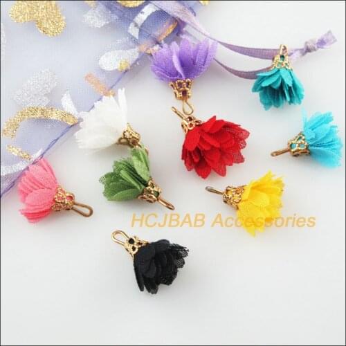 30Pcs Mixed Gold Color Endcaps Cloth Flower Charms Pendants For DIY 16x17mm