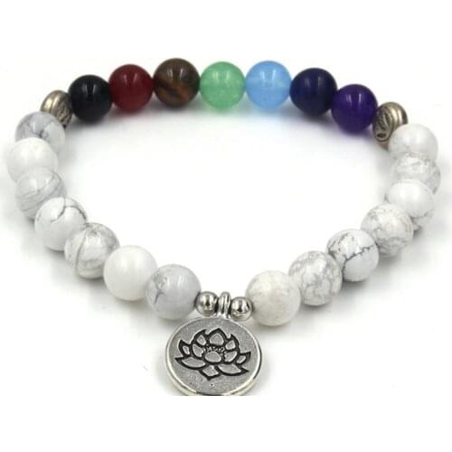 8mm gd2 elastic adjusted Charm nature stone bead Reiki Frosted agate Onyx Lotus life tree Buddha head white Howlite Bracelet