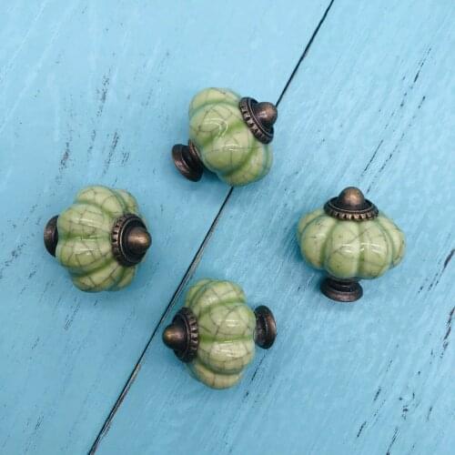 8PCS Crack Pumpkin Shape Ceramic Knobs Drawer Jade Green Color Retro Kitchen Cupboard Decorative Knob DIY Dresser Pull Handles