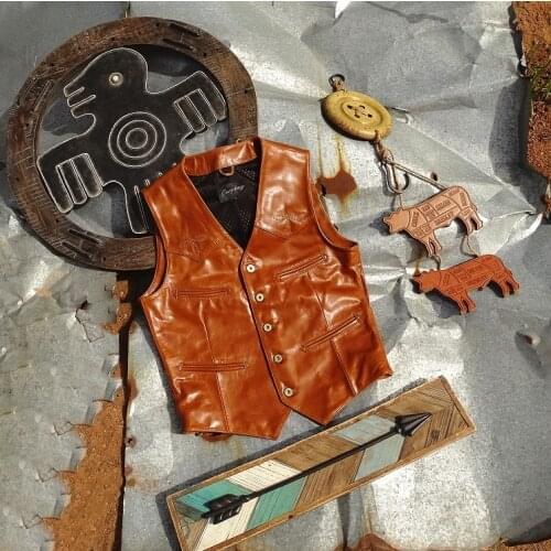 Free shipping.wholesales.cheap Us style vintage brown leather vest.men casual slim oil cowhide jacket.quality