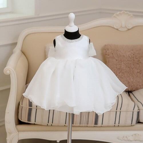 Beige Lace Baby Gown Summer 2016 Grace 1 year Birthday Dress Bow Baby Girls Dresses Wedding Party Wear Crystal Princess Clothes