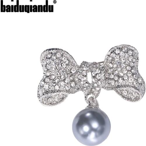 Baiduqiandu Brand Factory Direct Crystal Rhinestones and Grey Imitation Pearl Bow Drop Brooch Pins