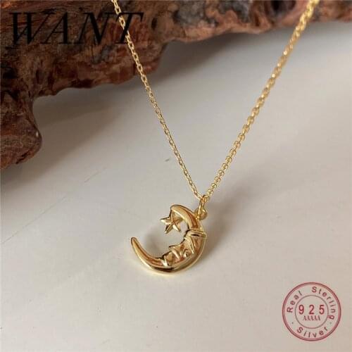 WANTME Genuine 100% 925 Sterling Silver Funny Moon Star Pendant Chain Necklace for Fashion Women Hip Hop Punk Chic Jewelry Gift