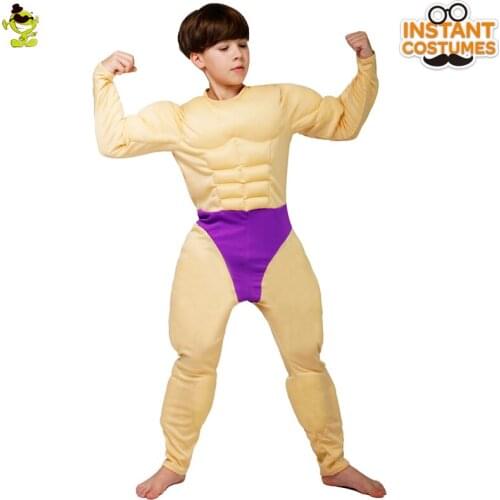 Boys Muscle Jumpsuit Costume Cosplay Strong Cool Muscle Clothes Carnival Childrens Halloween Party Costumes