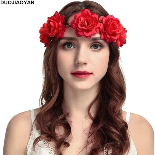 DUOJIAOYAN Hot sale Artifical flower handmake garland holiday wreath big red rose crown women hairband accessories