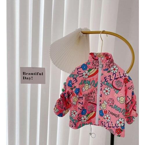 Autumn Children Graffiti Floral Print Long Sleeve Zipper Jackets Girls Casual Outerwear Fashion Kids Coats Casaco